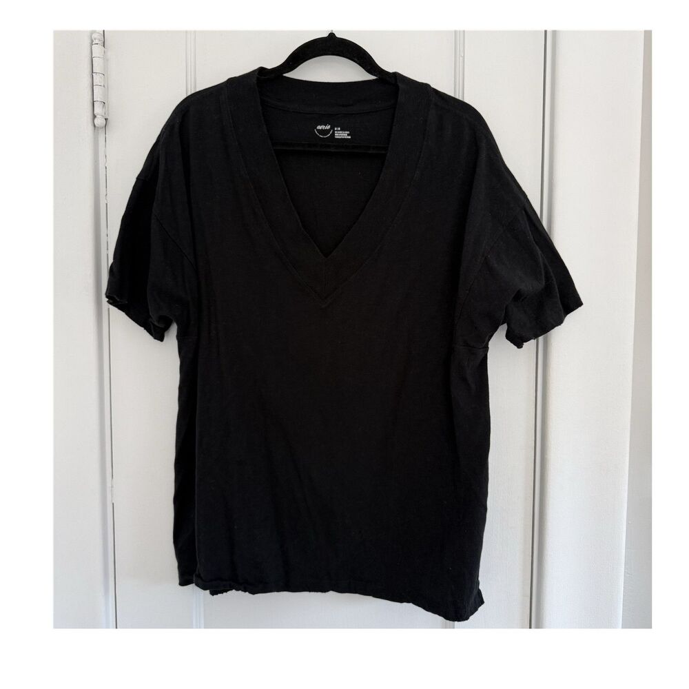 Aerie Black V-Neck Short Sleeve Knit T-Shirt 100% Cotton Size M